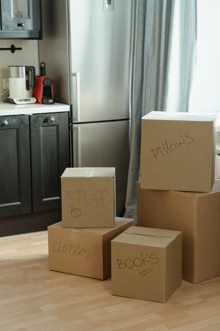 Indoor scene showing several large cardboard boxes, some opened and others closed, positioned on a wooden floor near a window with grey curtains. One box is being carried or moved, with feet visible b